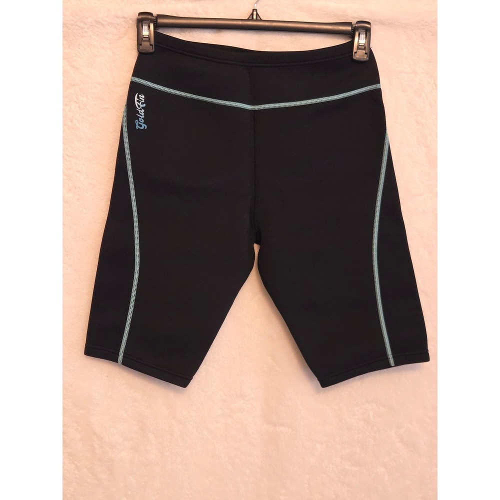 GoldFin Black Womens M Neoprene Wetsuit Shorts Blue Stitching Water Sports Surf